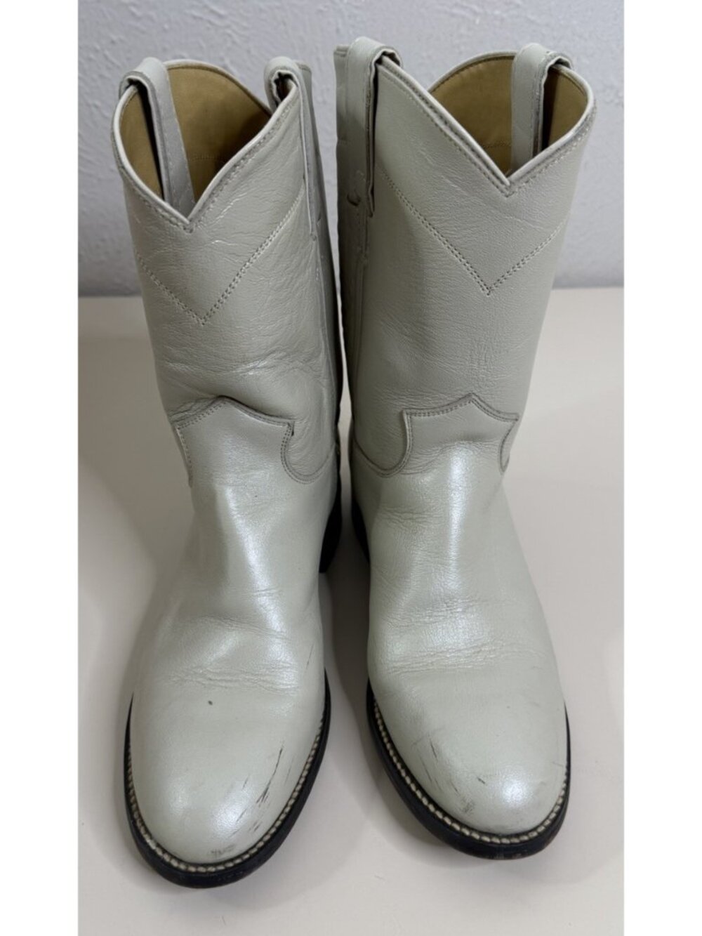 VTG Justin 3D Youth Off White Grayish Leather Roper Boots Western GUC
